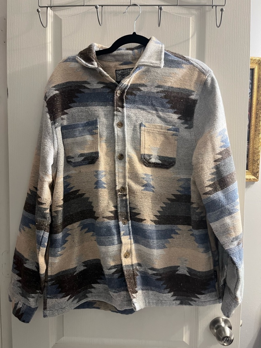 Brooklyn Cloth Aztec Button-Up Jacket in Beige, Blue, Gray